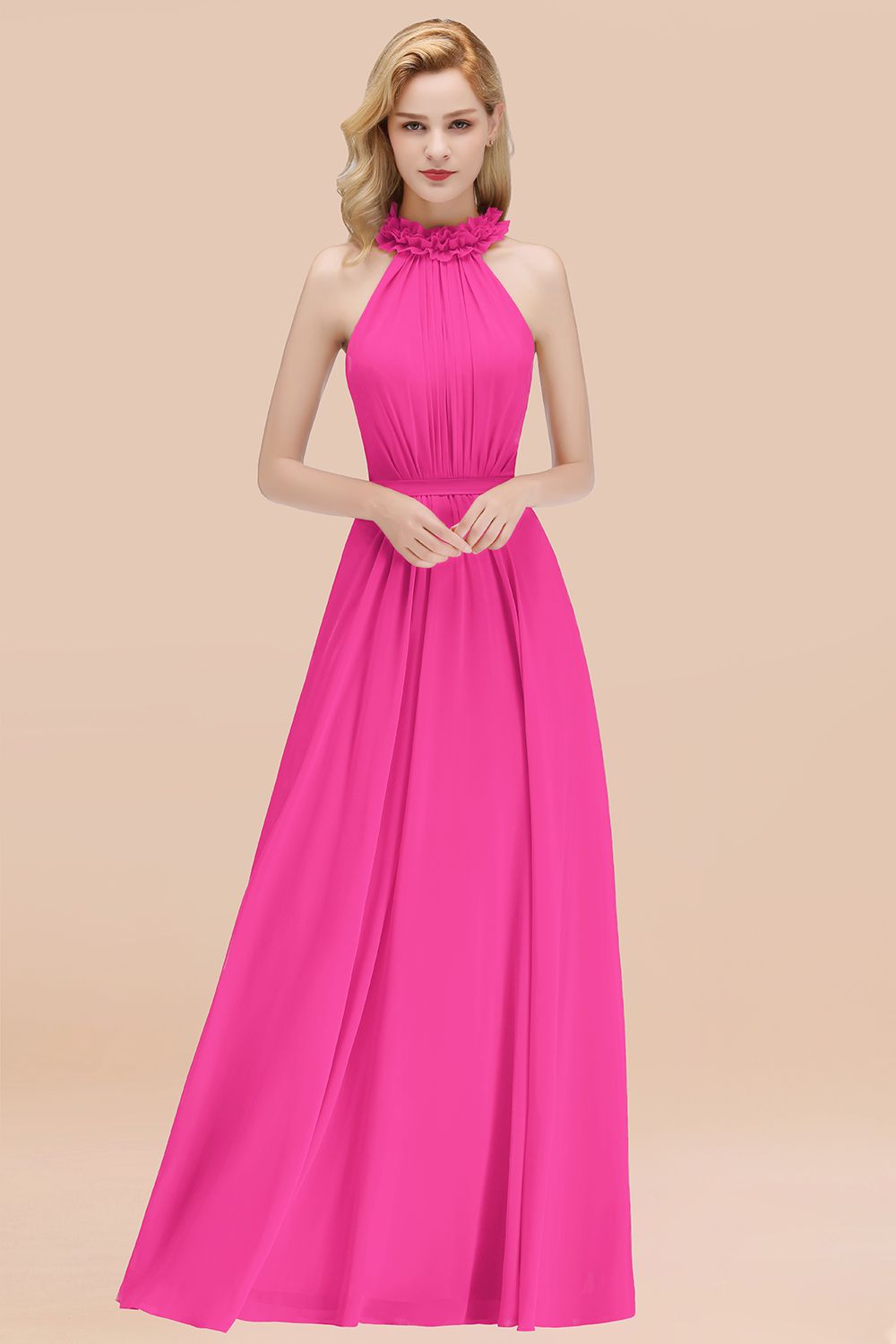Modest High-Neck Halter Ruffle Chiffon Bridesmaid dresses Affordable - Fashionpara