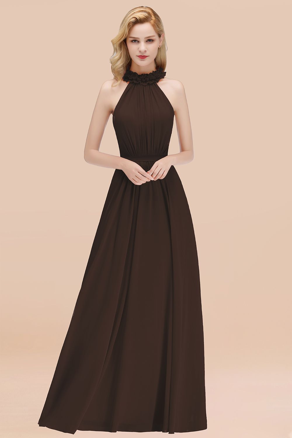 Modest High-Neck Halter Ruffle Chiffon Bridesmaid dresses Affordable - Fashionpara
