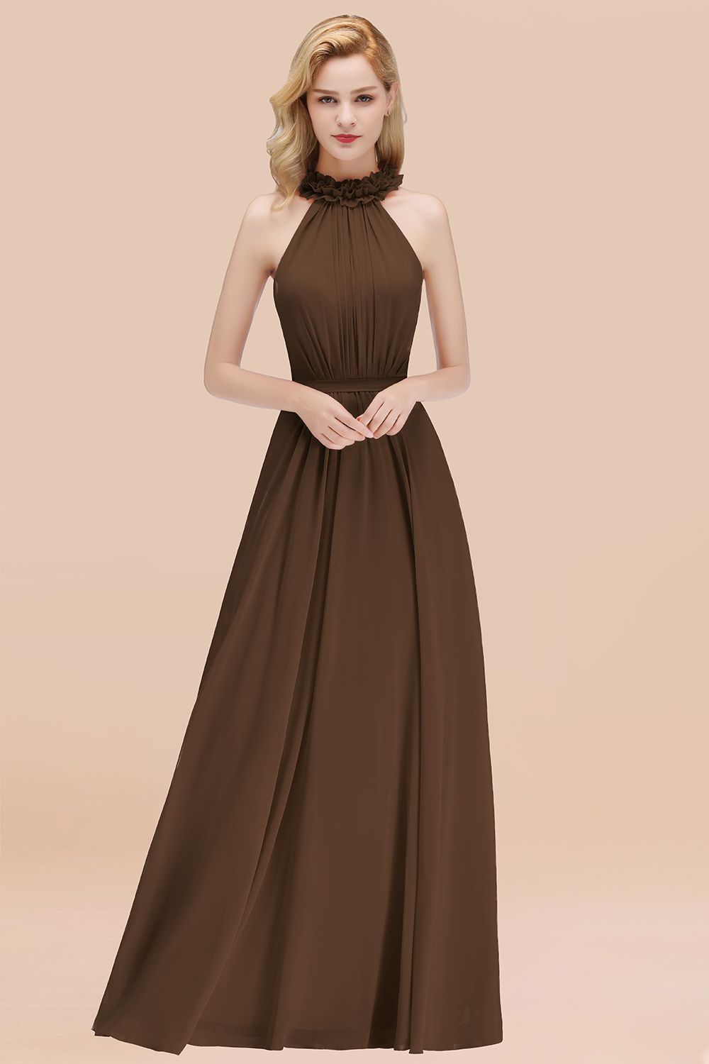 Modest High-Neck Halter Ruffle Chiffon Bridesmaid dresses Affordable - Fashionpara