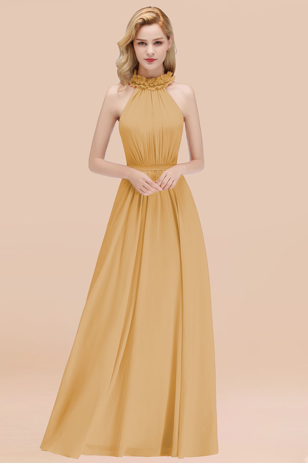 Modest High-Neck Halter Ruffle Chiffon Bridesmaid dresses Affordable - Fashionpara