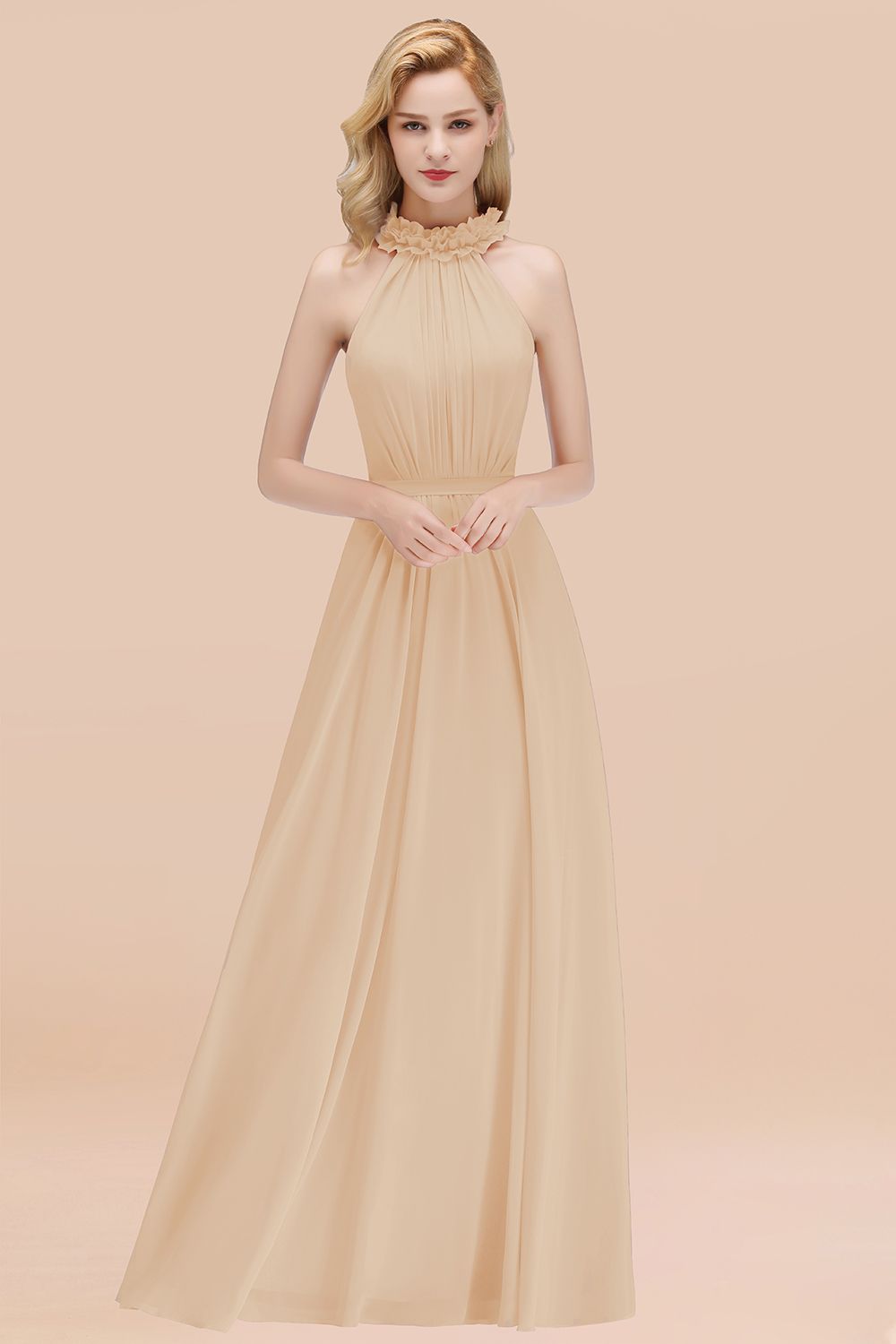 Modest High-Neck Halter Ruffle Chiffon Bridesmaid dresses Affordable - Fashionpara