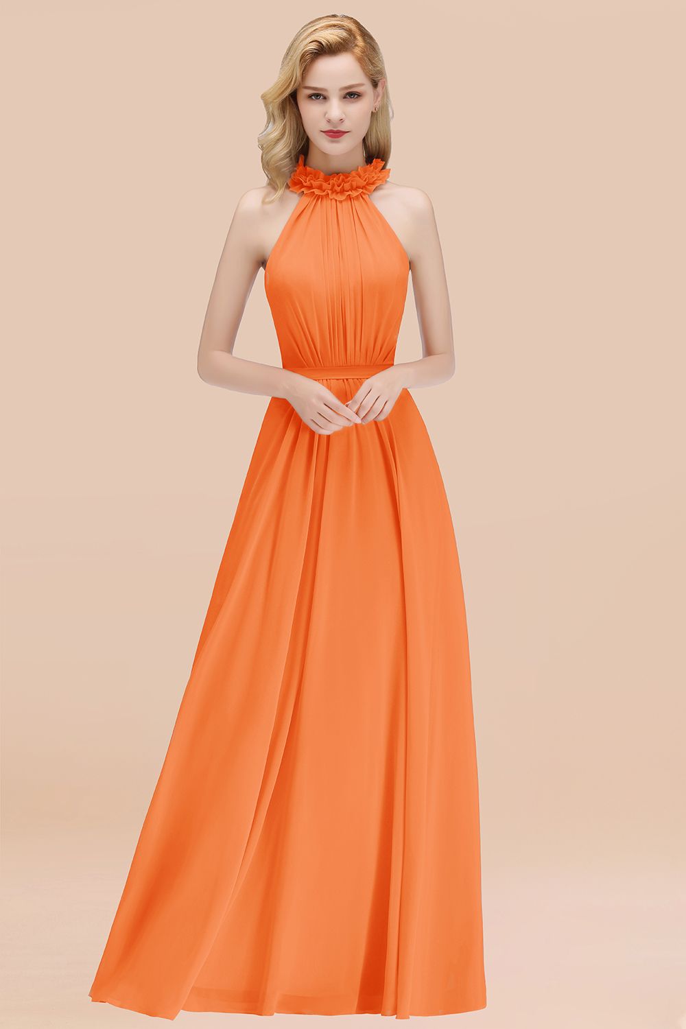 Modest High-Neck Halter Ruffle Chiffon Bridesmaid dresses Affordable - Fashionpara