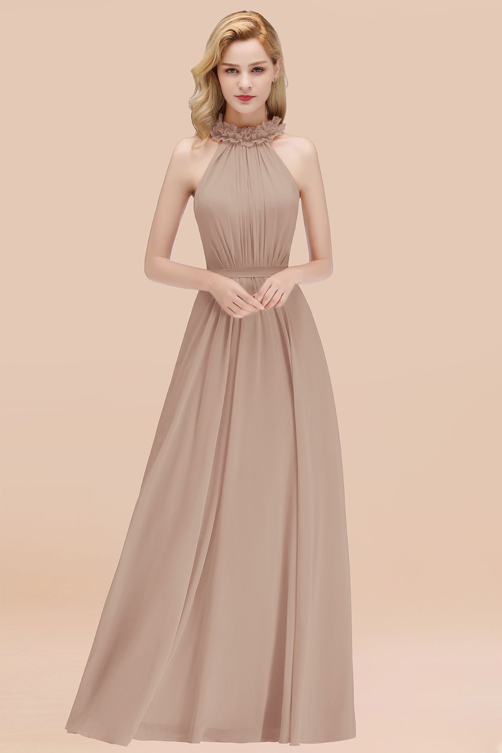 Modest High-Neck Halter Ruffle Chiffon Bridesmaid dresses Affordable - Fashionpara