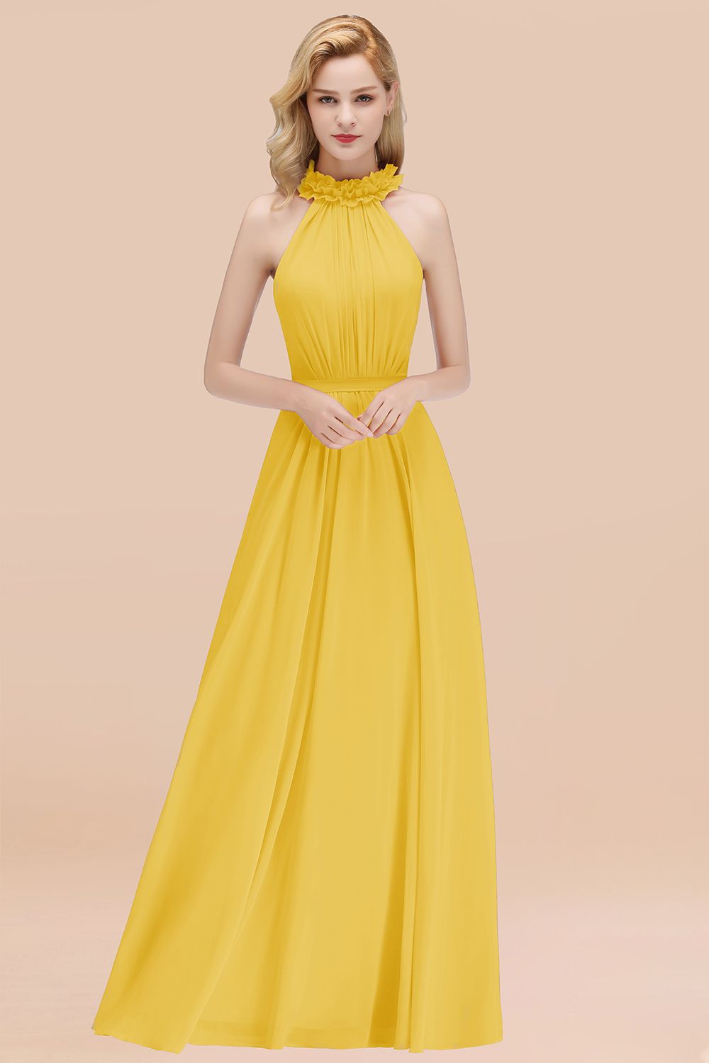 Modest High-Neck Halter Ruffle Chiffon Bridesmaid dresses Affordable - Fashionpara