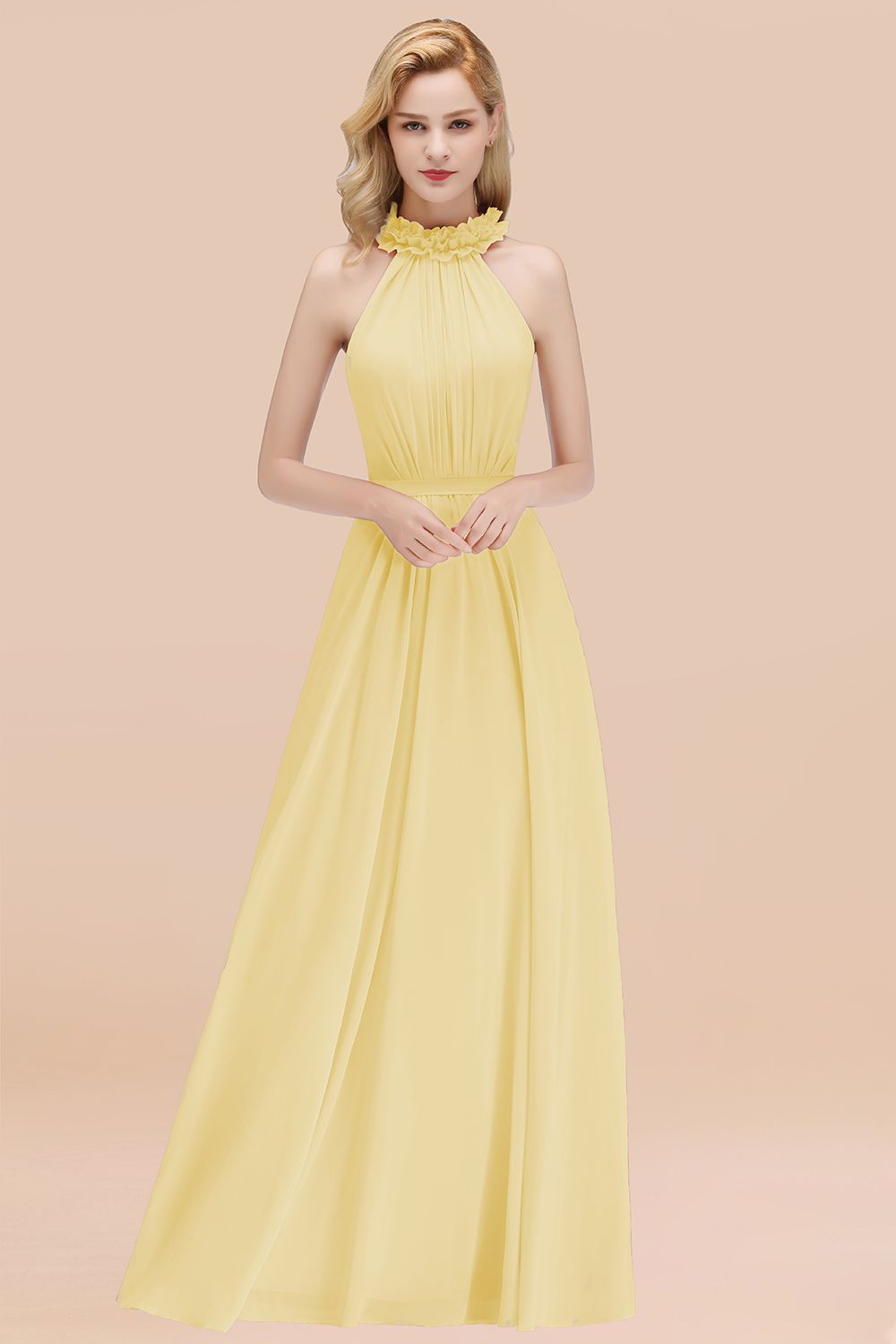 Modest High-Neck Halter Ruffle Chiffon Bridesmaid dresses Affordable - Fashionpara
