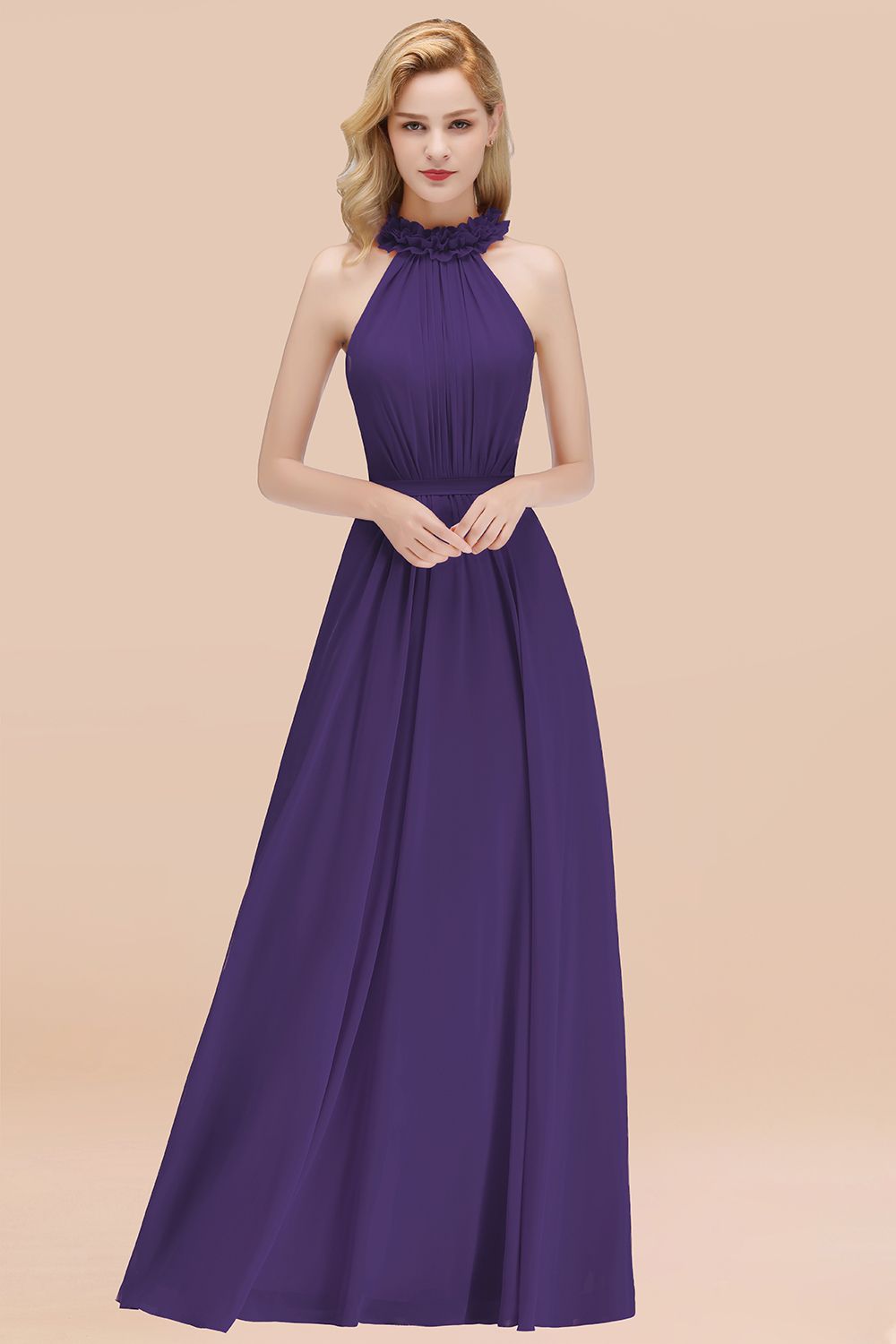Modest High-Neck Halter Ruffle Chiffon Bridesmaid dresses Affordable - Fashionpara
