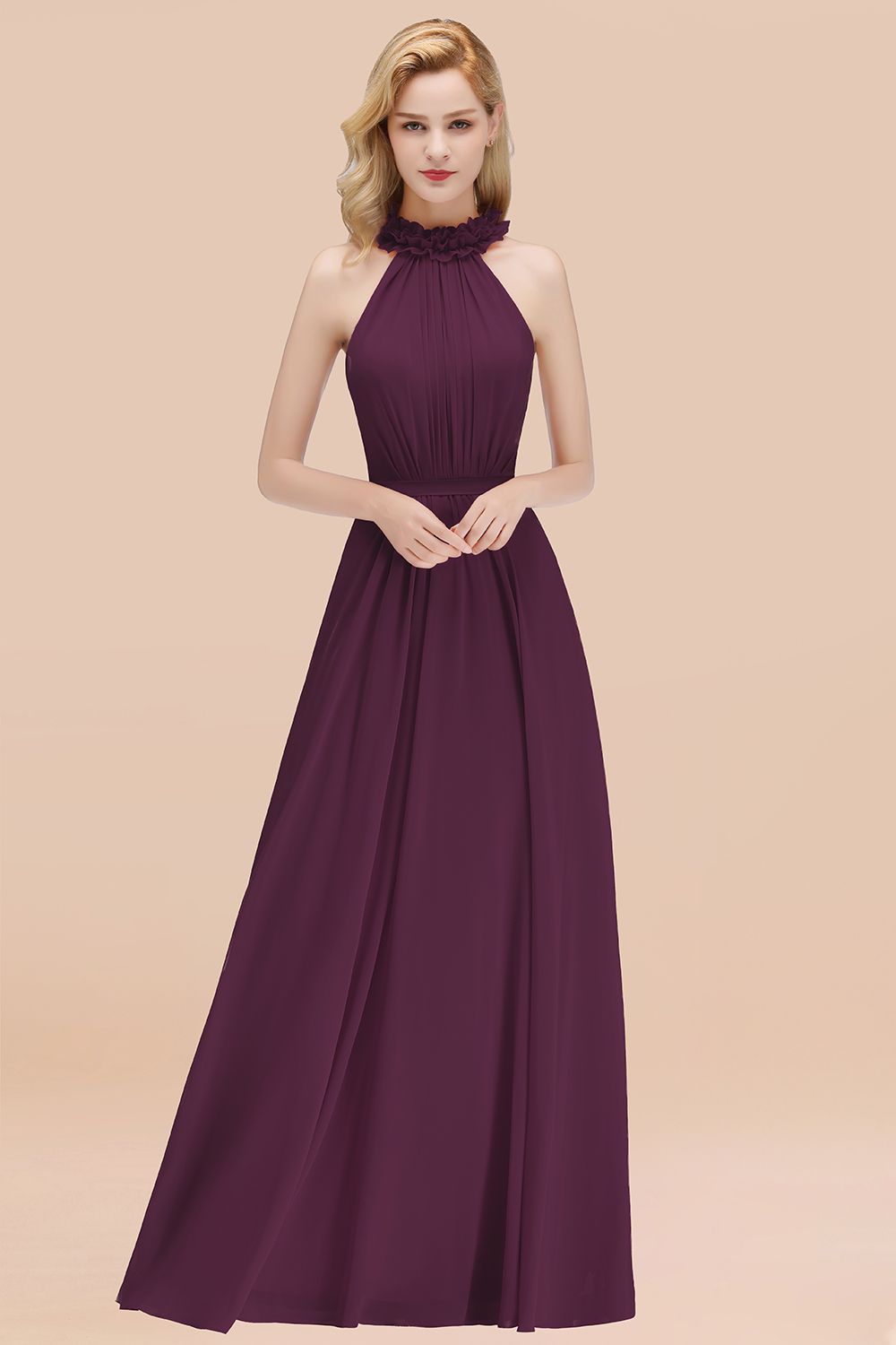 Modest High-Neck Halter Ruffle Chiffon Bridesmaid dresses Affordable - Fashionpara