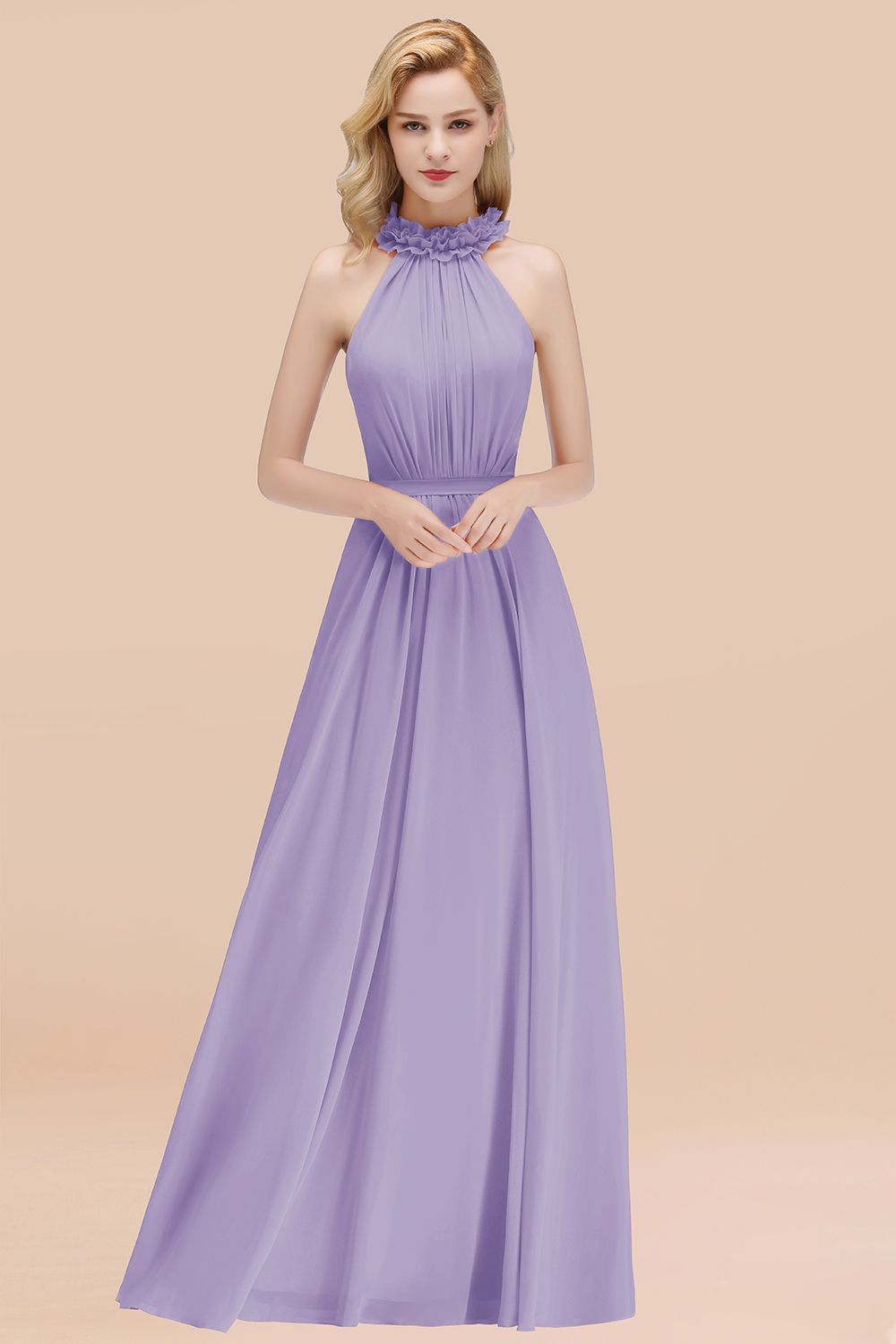 Modest High-Neck Halter Ruffle Chiffon Bridesmaid dresses Affordable - Fashionpara