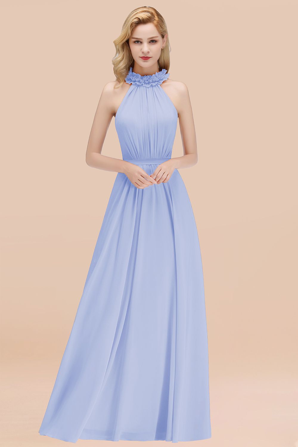 Modest High-Neck Halter Ruffle Chiffon Bridesmaid dresses Affordable - Fashionpara