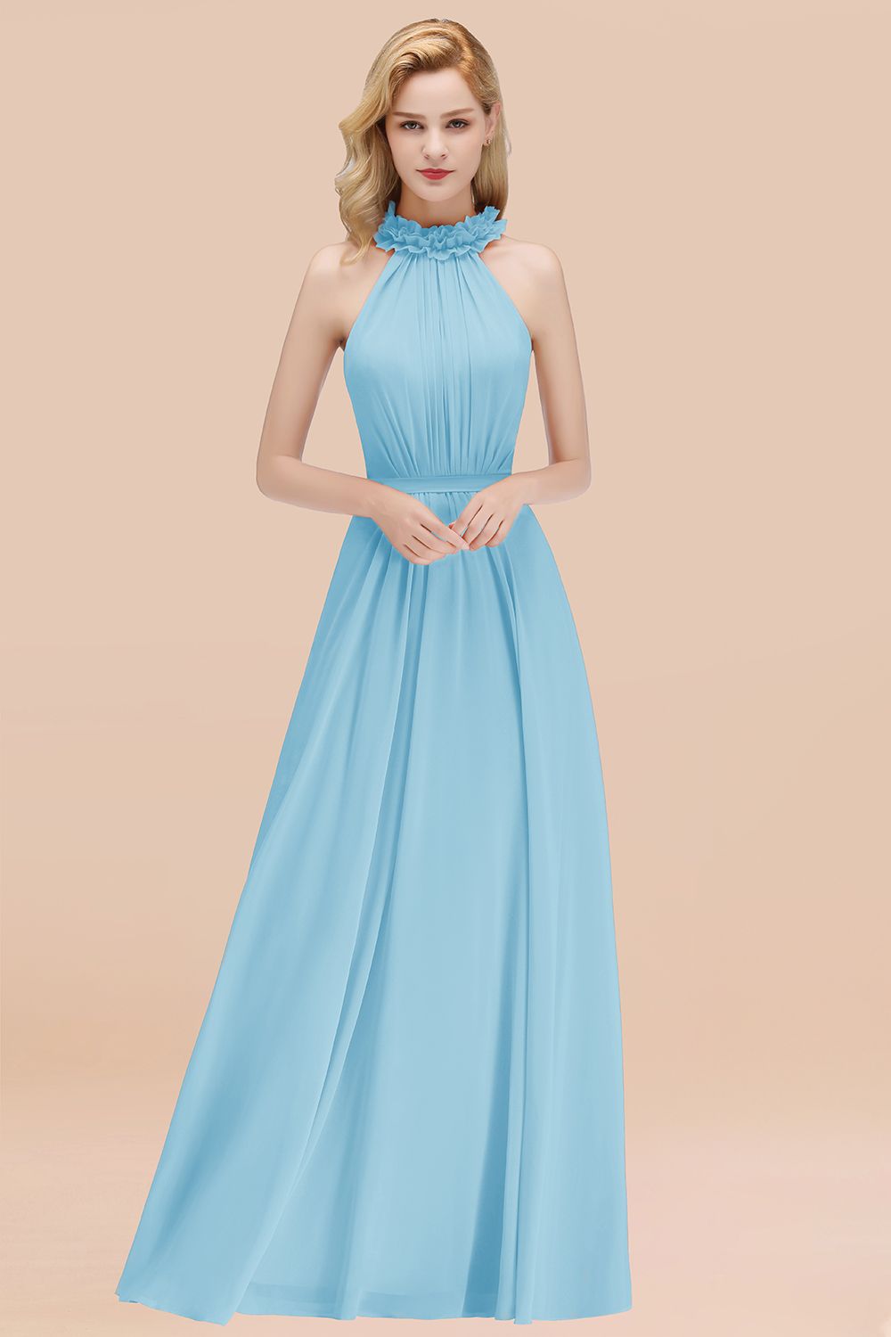 Modest High-Neck Halter Ruffle Chiffon Bridesmaid dresses Affordable - Fashionpara