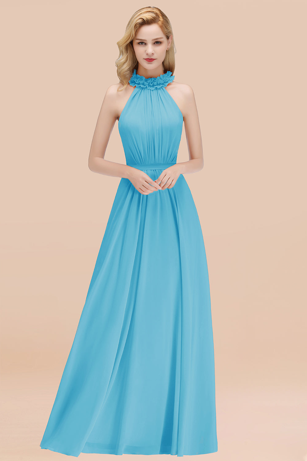 Modest High-Neck Halter Ruffle Chiffon Bridesmaid dresses Affordable - Fashionpara