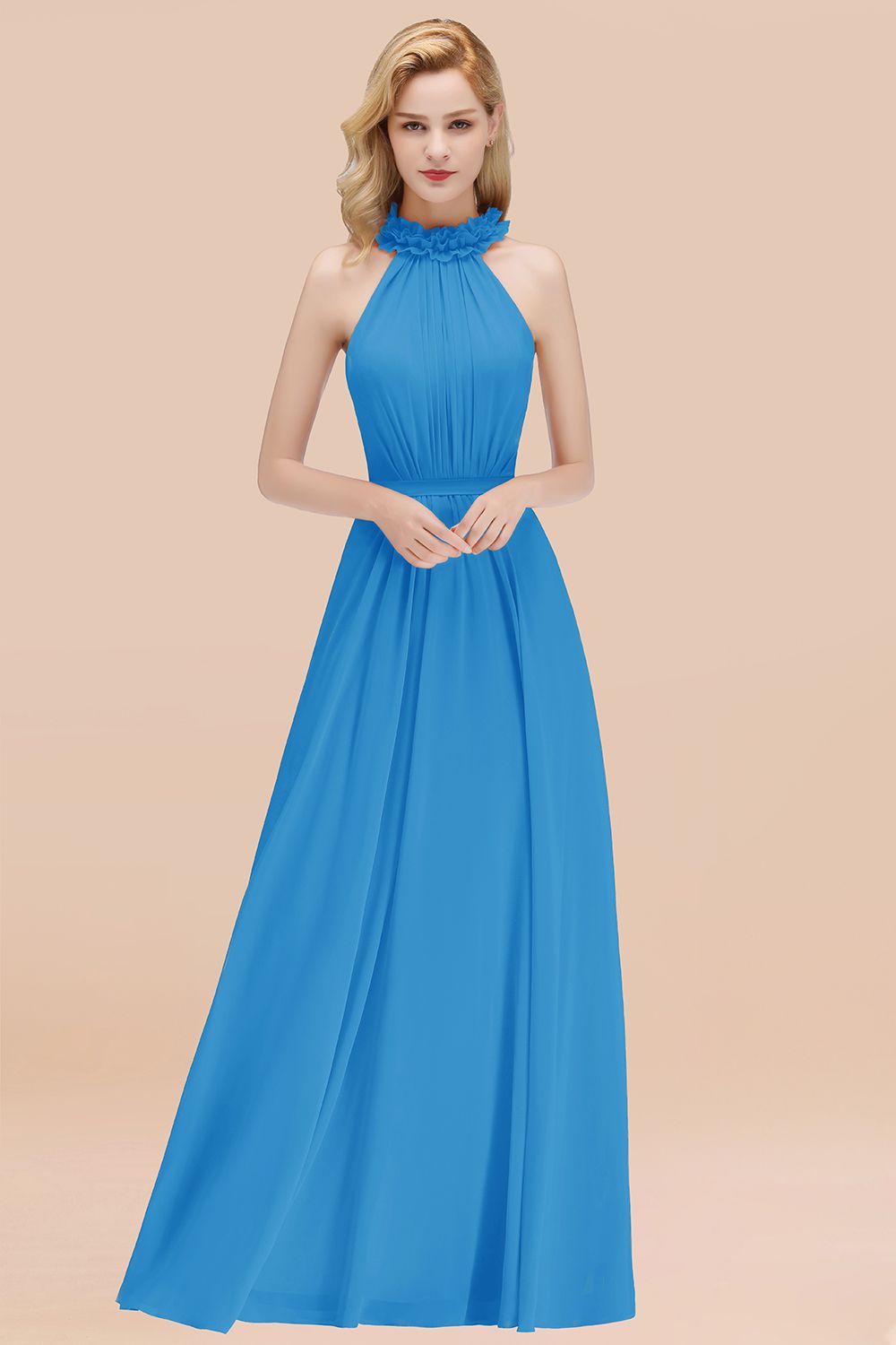 Modest High-Neck Halter Ruffle Chiffon Bridesmaid dresses Affordable - Fashionpara
