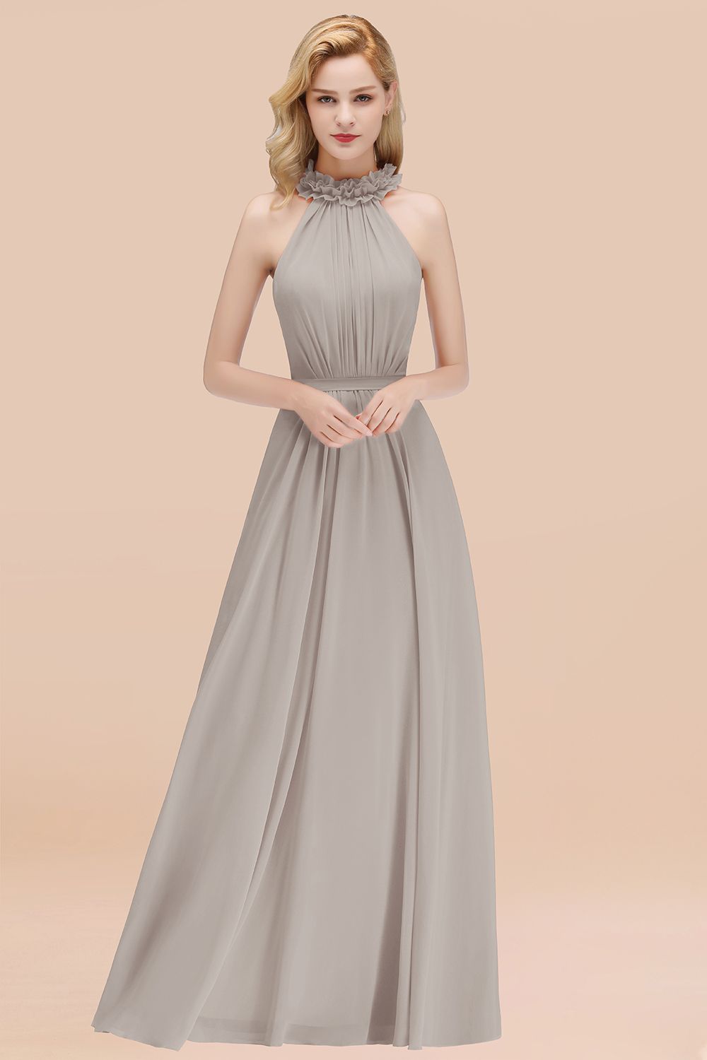 Modest High-Neck Halter Ruffle Chiffon Bridesmaid dresses Affordable - Fashionpara