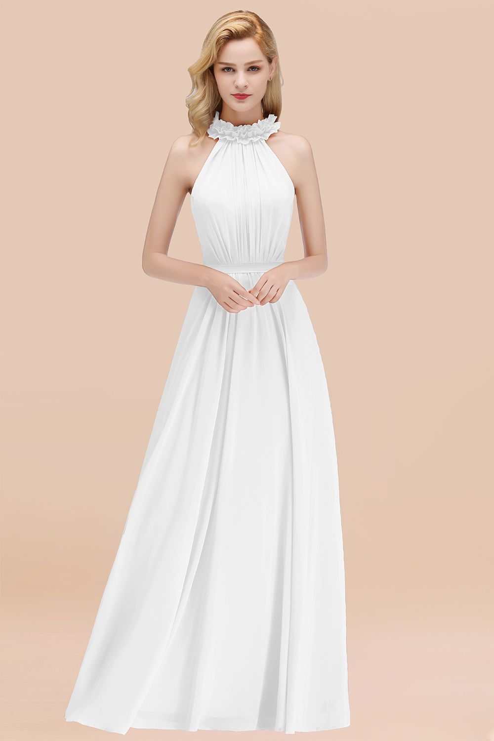 Modest High-Neck Halter Ruffle Chiffon Bridesmaid dresses Affordable - Fashionpara
