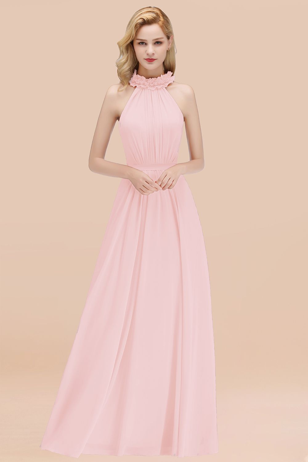 Modest High-Neck Halter Ruffle Chiffon Bridesmaid dresses Affordable - Fashionpara