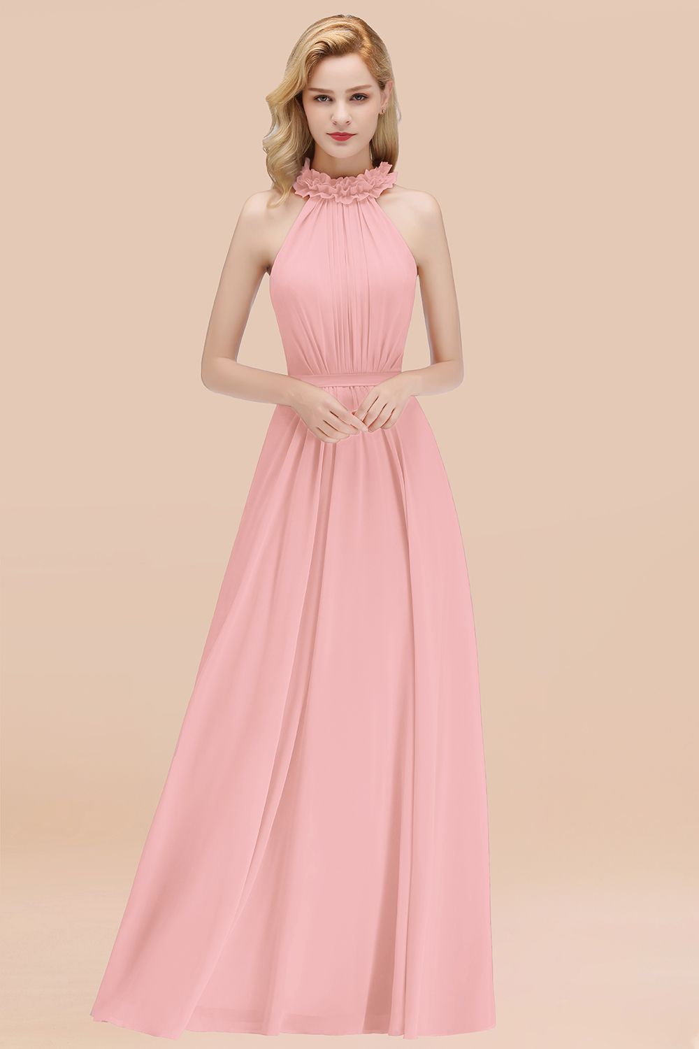 Modest High-Neck Halter Ruffle Chiffon Bridesmaid dresses Affordable - Fashionpara