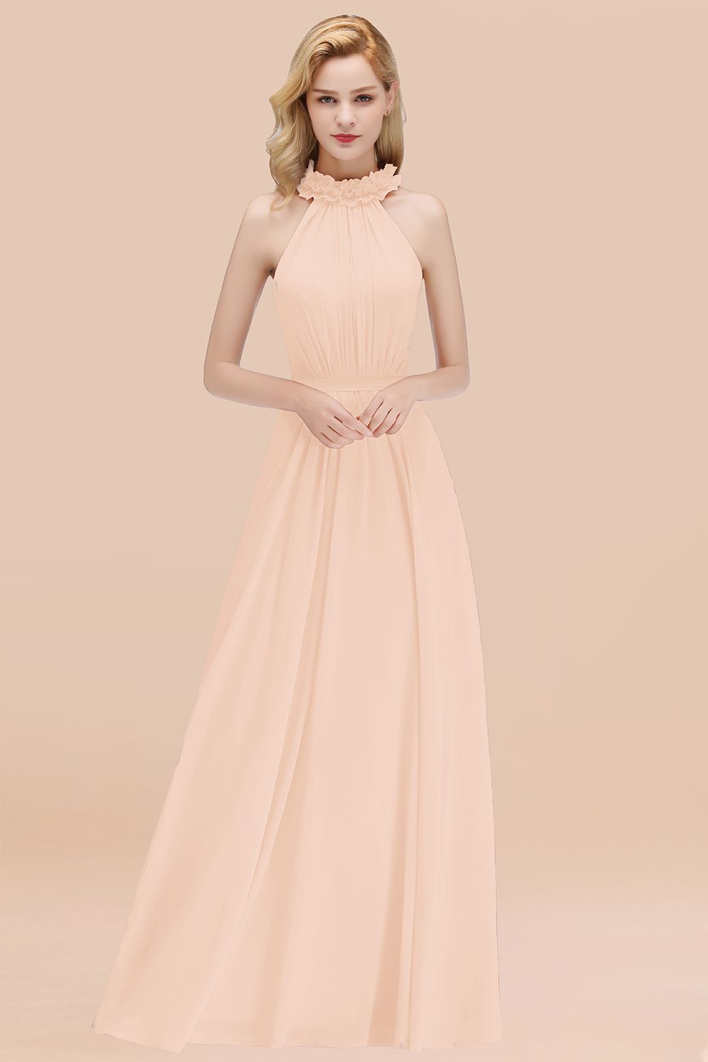 Modest High-Neck Halter Ruffle Chiffon Bridesmaid dresses Affordable - Fashionpara