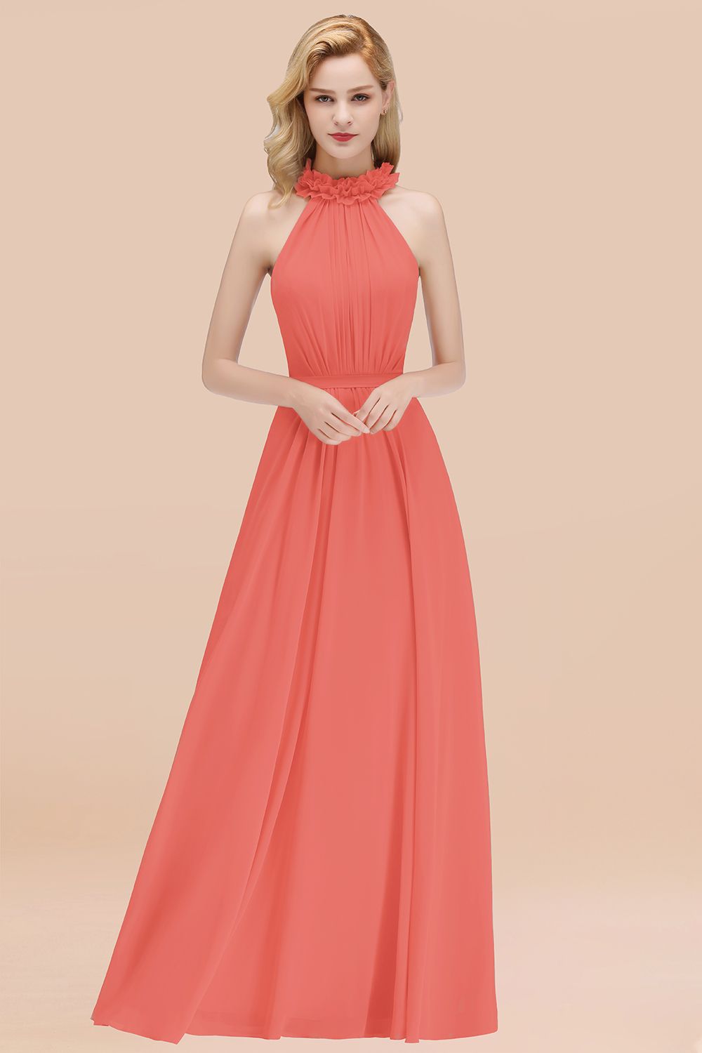 Modest High-Neck Halter Ruffle Chiffon Bridesmaid dresses Affordable - Fashionpara
