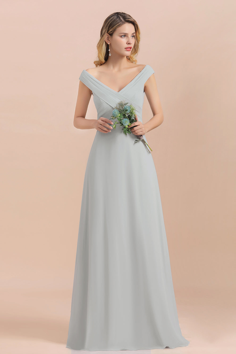 Modest Off-the-Shoulder Mist Chiffon Bridesmaid dresses with Pleats - Fashionpara