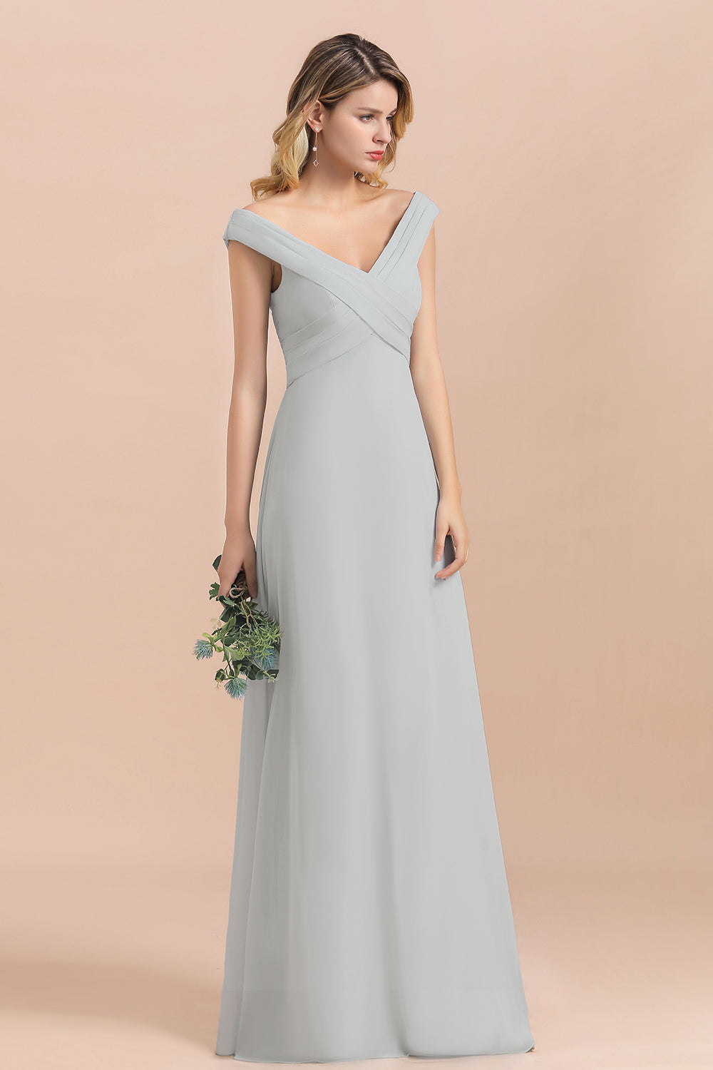 Modest Off-the-Shoulder Mist Chiffon Bridesmaid dresses with Pleats - Fashionpara