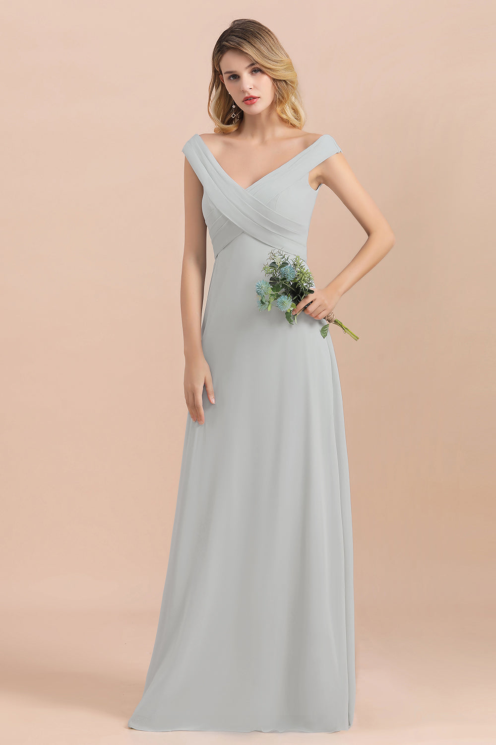 Modest Off-the-Shoulder Mist Chiffon Bridesmaid dresses with Pleats - Fashionpara