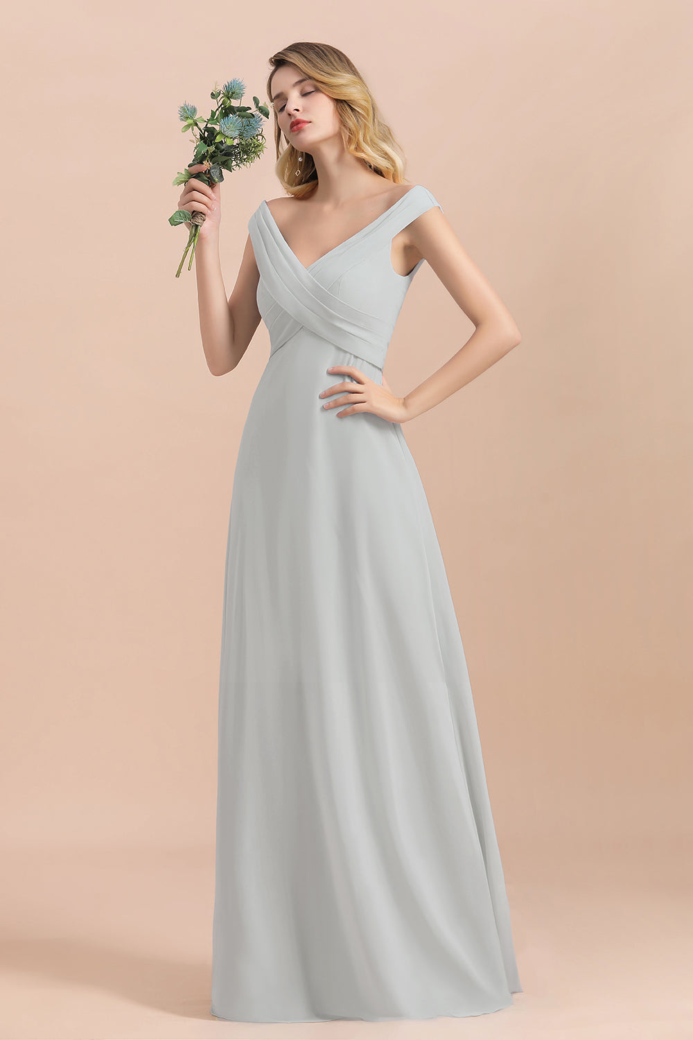 Modest Off-the-Shoulder Mist Chiffon Bridesmaid dresses with Pleats - Fashionpara