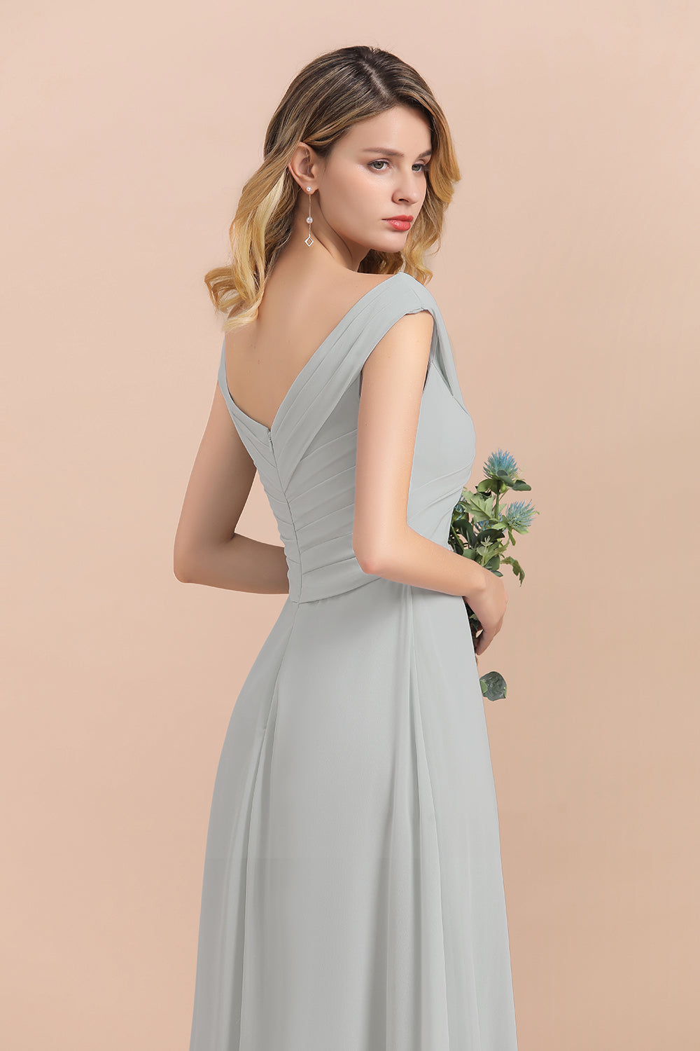 Modest Off-the-Shoulder Mist Chiffon Bridesmaid dresses with Pleats - Fashionpara