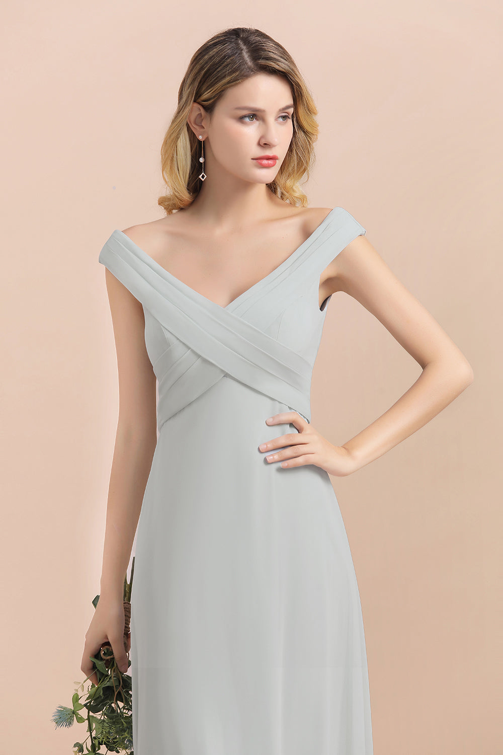 Modest Off-the-Shoulder Mist Chiffon Bridesmaid dresses with Pleats - Fashionpara