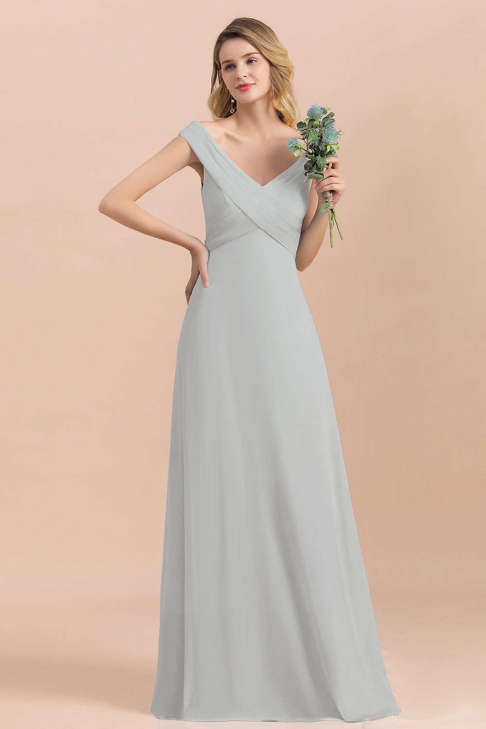 Modest Off-the-Shoulder Mist Chiffon Bridesmaid dresses with Pleats - Fashionpara