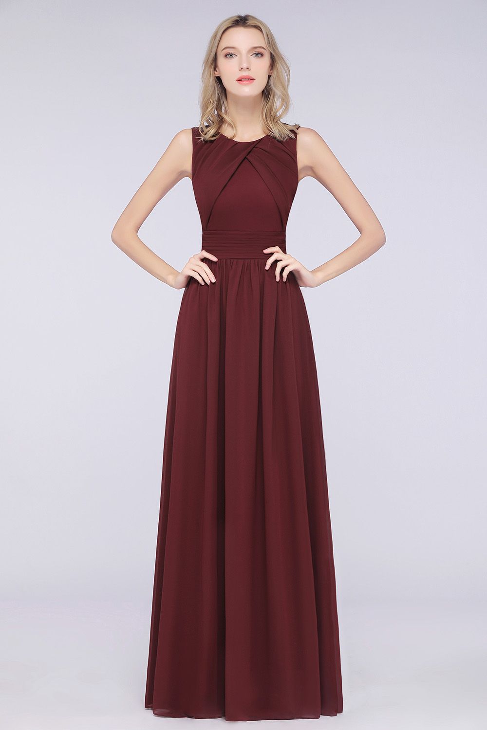Modest Round-Neck Sleeveless Burgundy Bridesmaid dresses with Ruffles - Fashionpara