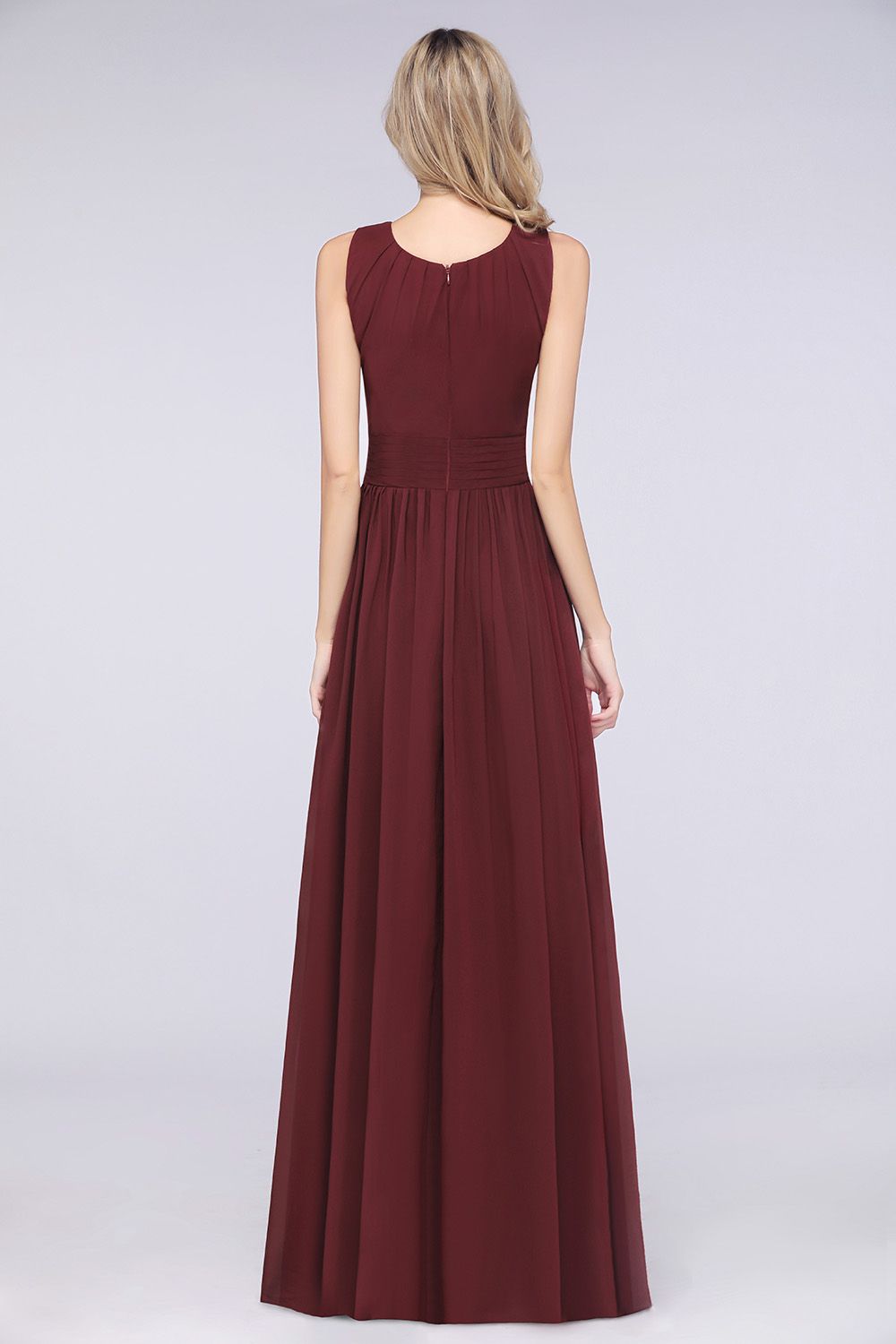 Modest Round-Neck Sleeveless Burgundy Bridesmaid dresses with Ruffles - Fashionpara