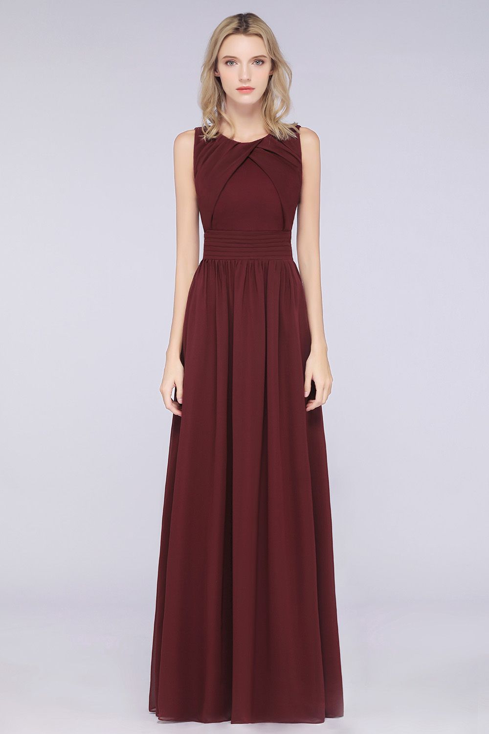 Modest Round-Neck Sleeveless Burgundy Bridesmaid dresses with Ruffles - Fashionpara