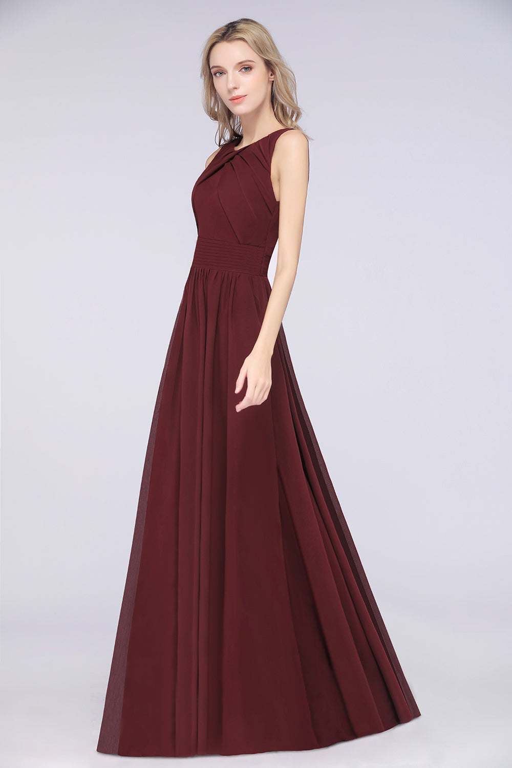 Modest Round-Neck Sleeveless Burgundy Bridesmaid dresses with Ruffles - Fashionpara