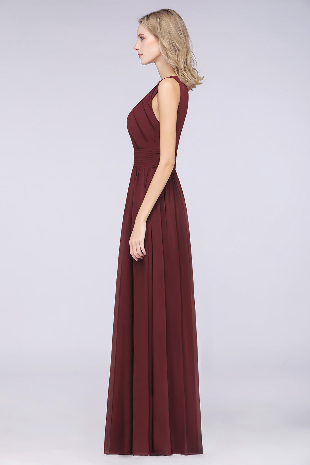 Modest Round-Neck Sleeveless Burgundy Bridesmaid dresses with Ruffles - Fashionpara