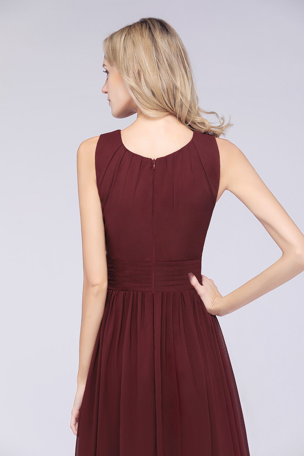 Modest Round-Neck Sleeveless Burgundy Bridesmaid dresses with Ruffles - Fashionpara