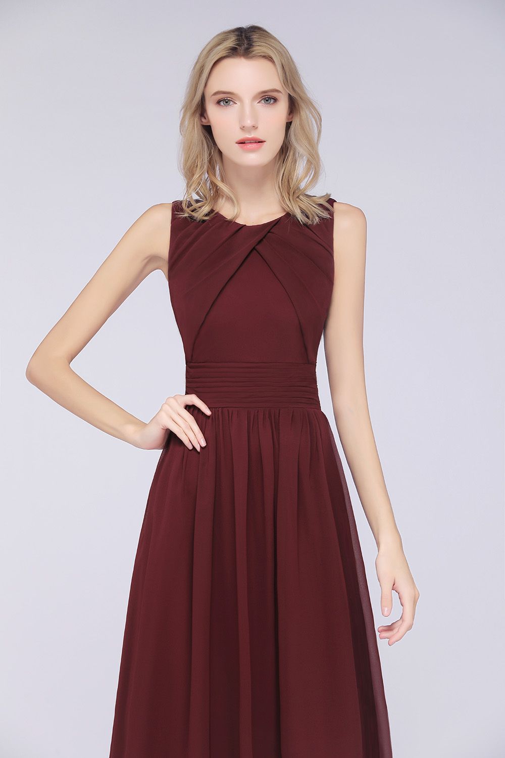 Modest Round-Neck Sleeveless Burgundy Bridesmaid dresses with Ruffles - Fashionpara