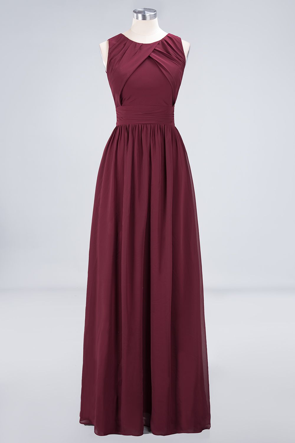 Modest Round-Neck Sleeveless Burgundy Bridesmaid dresses with Ruffles - Fashionpara