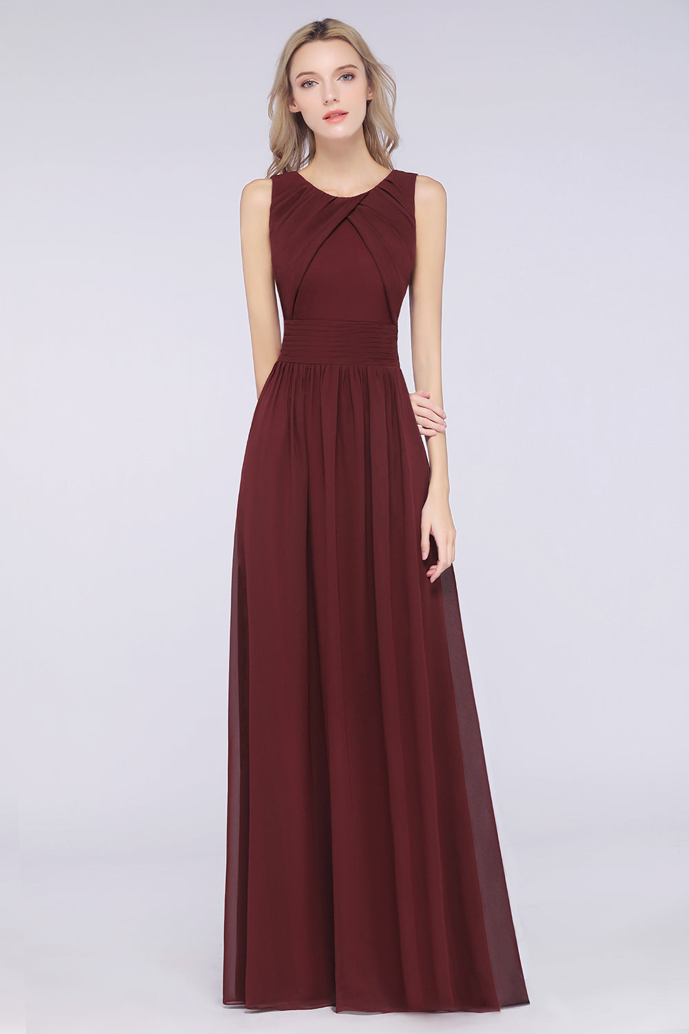 Modest Round-Neck Sleeveless Burgundy Bridesmaid dresses with Ruffles - Fashionpara