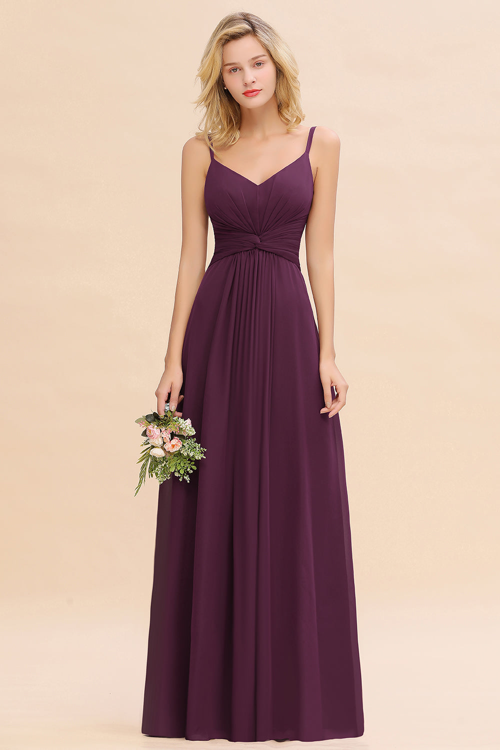Modest Ruffle Spaghetti Straps Backless Burgundy Bridesmaid dresses Affordable - Fashionpara