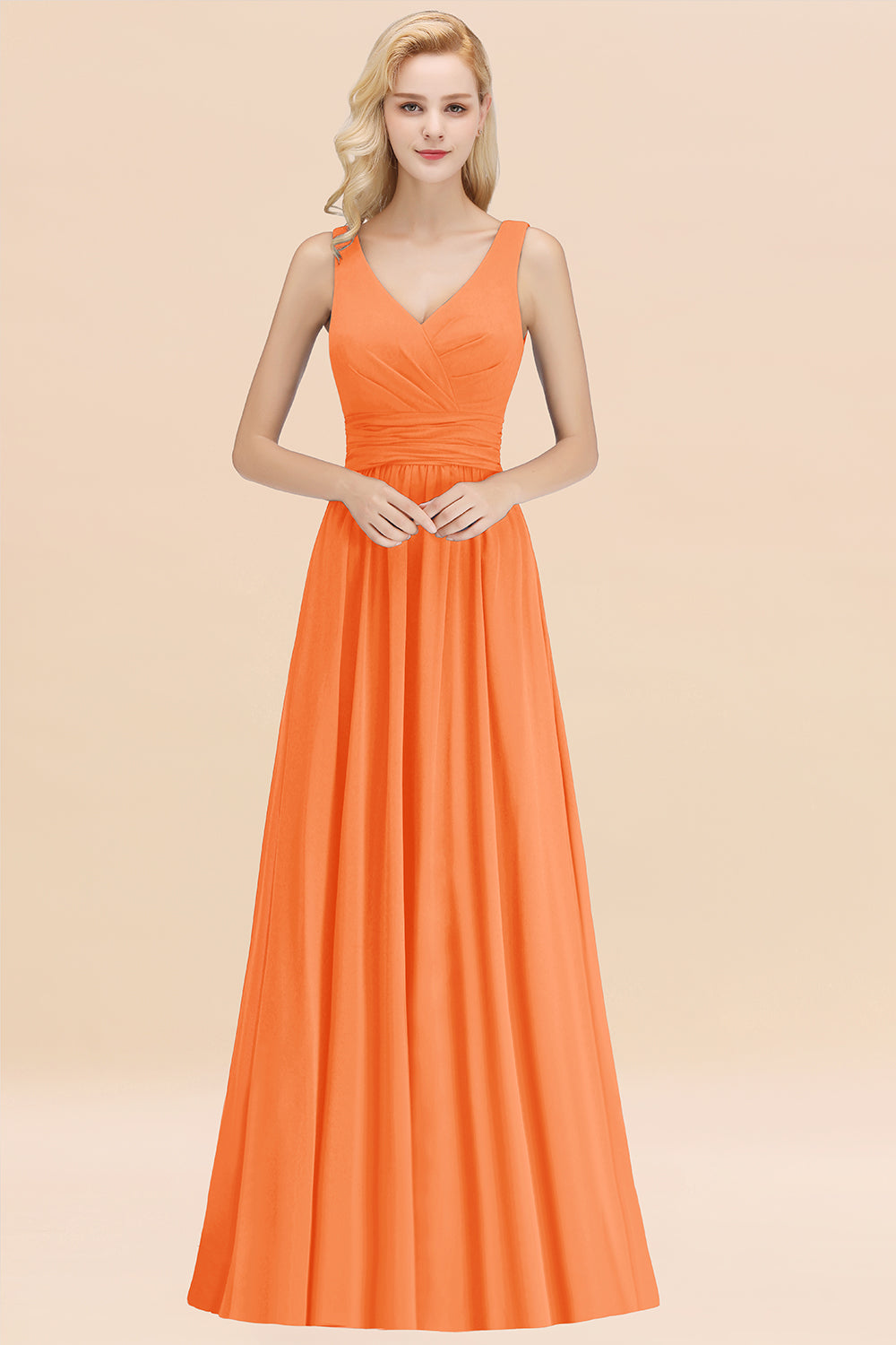 Modest Sleeveless V-Neck Long Chiffon Bridesmaid Dresses with Ruffle - Fashionpara