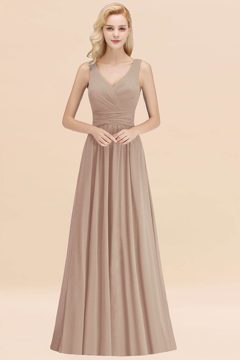 Modest Sleeveless V-Neck Long Chiffon Bridesmaid Dresses with Ruffle - Fashionpara