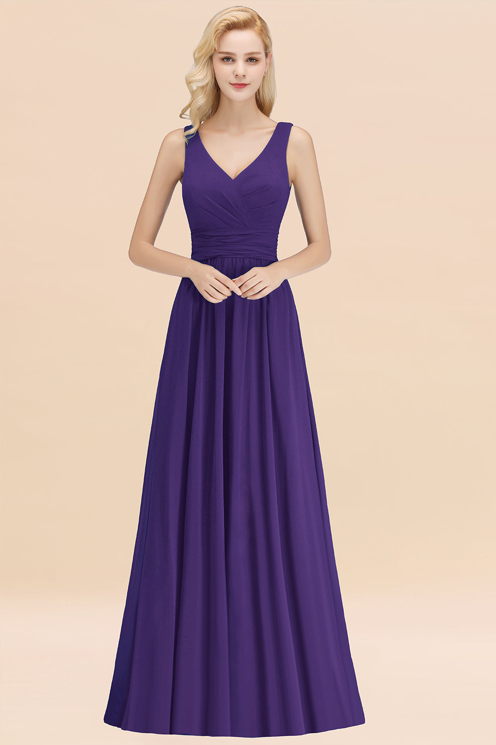 Modest Sleeveless V-Neck Long Chiffon Bridesmaid Dresses with Ruffle - Fashionpara