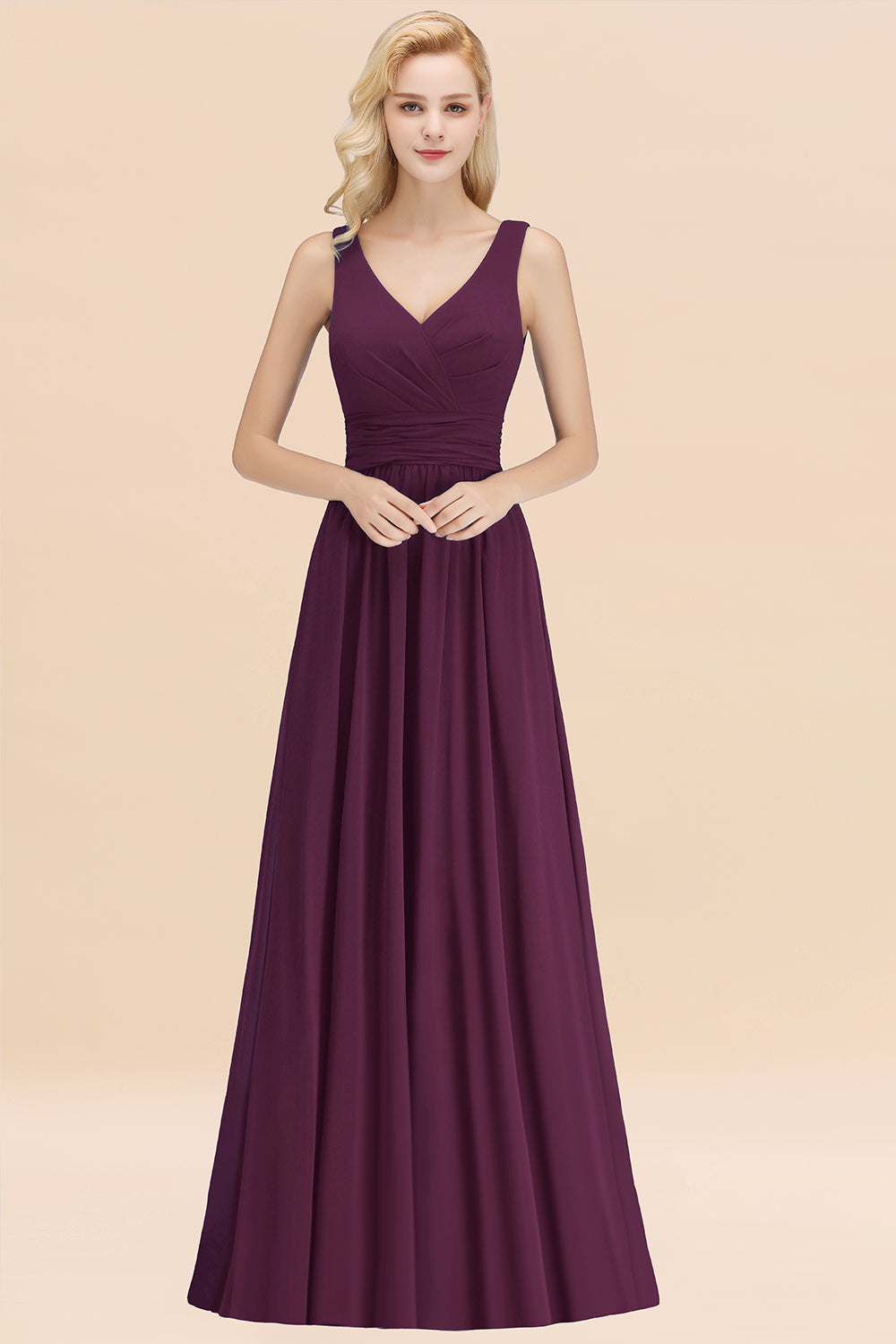 Modest Sleeveless V-Neck Long Chiffon Bridesmaid Dresses with Ruffle - Fashionpara