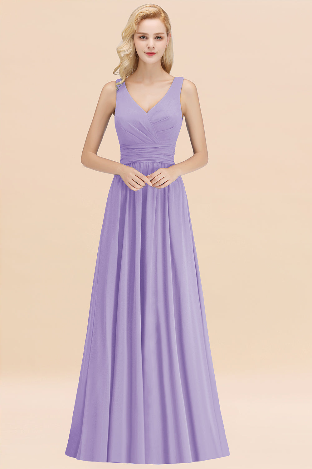 Modest Sleeveless V-Neck Long Chiffon Bridesmaid Dresses with Ruffle - Fashionpara
