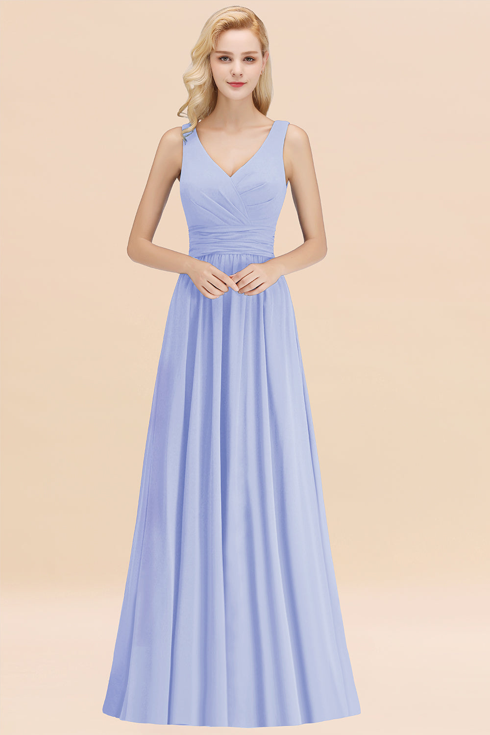 Modest Sleeveless V-Neck Long Chiffon Bridesmaid Dresses with Ruffle - Fashionpara