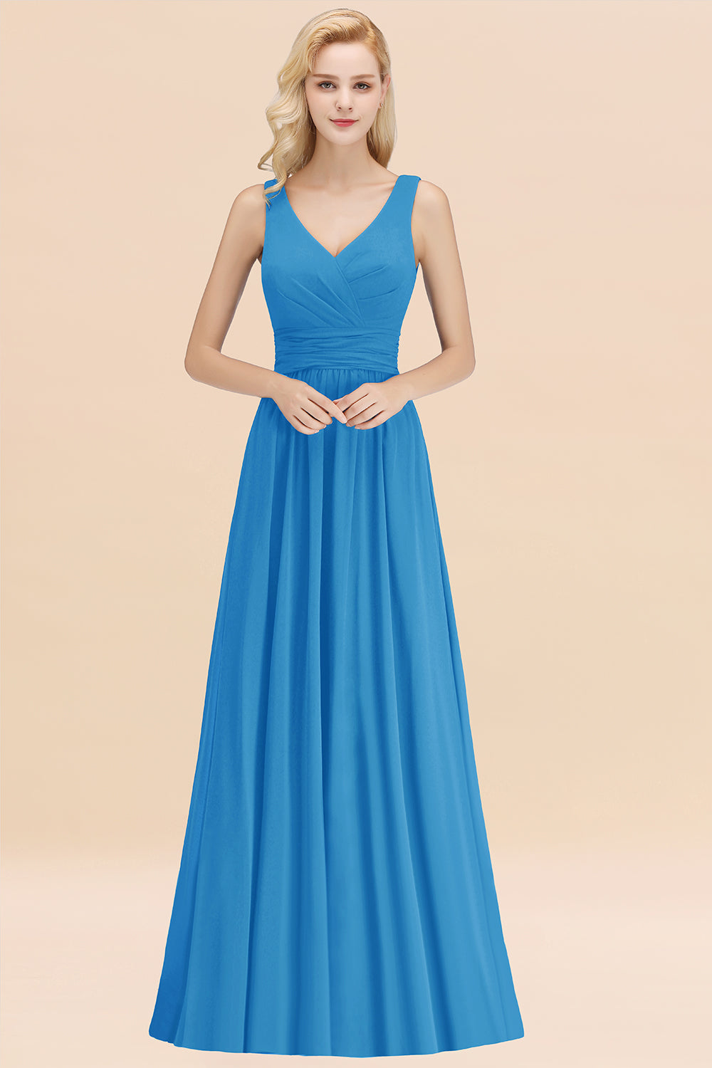 Modest Sleeveless V-Neck Long Chiffon Bridesmaid Dresses with Ruffle - Fashionpara