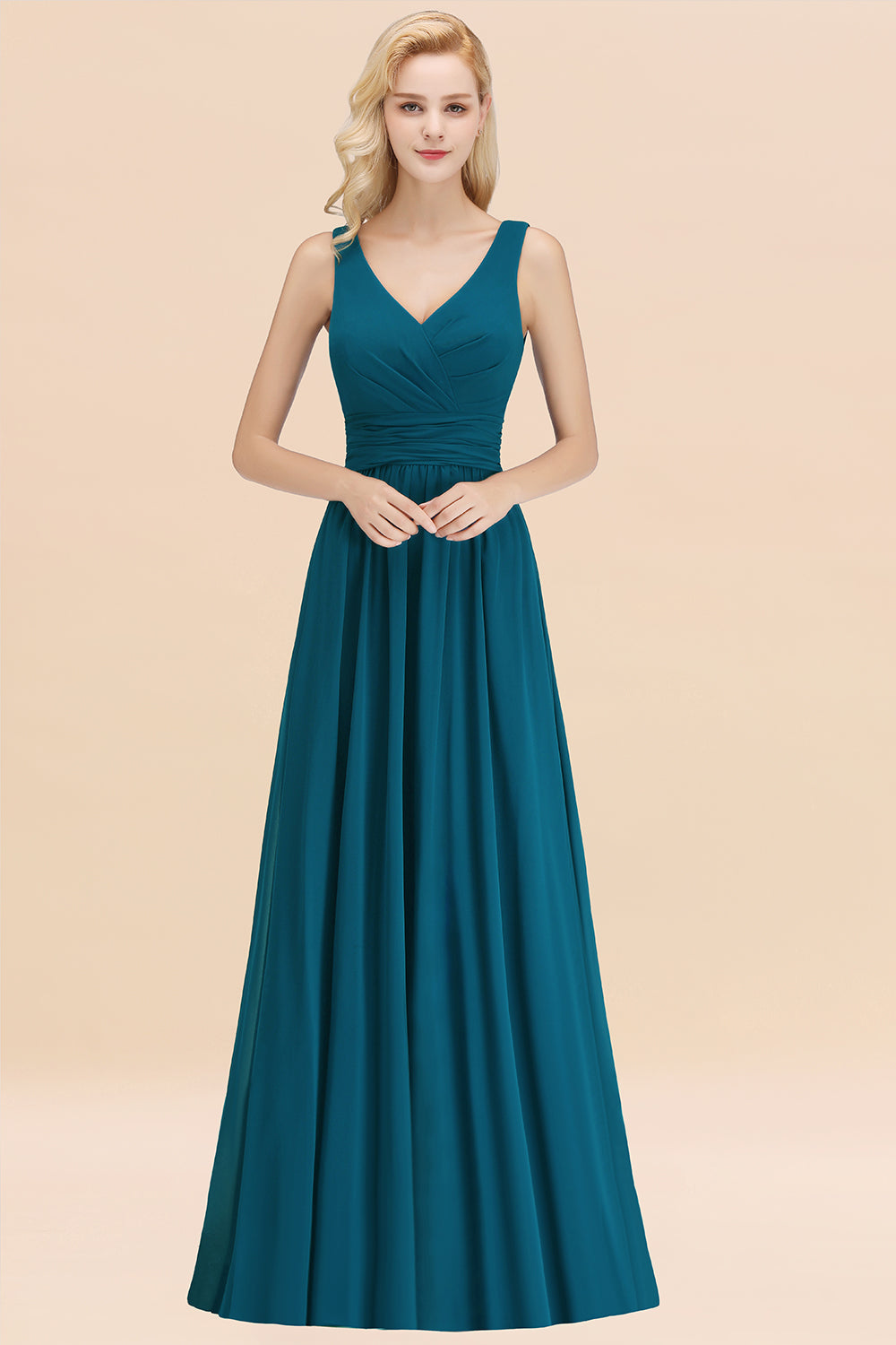 Modest Sleeveless V-Neck Long Chiffon Bridesmaid Dresses with Ruffle - Fashionpara