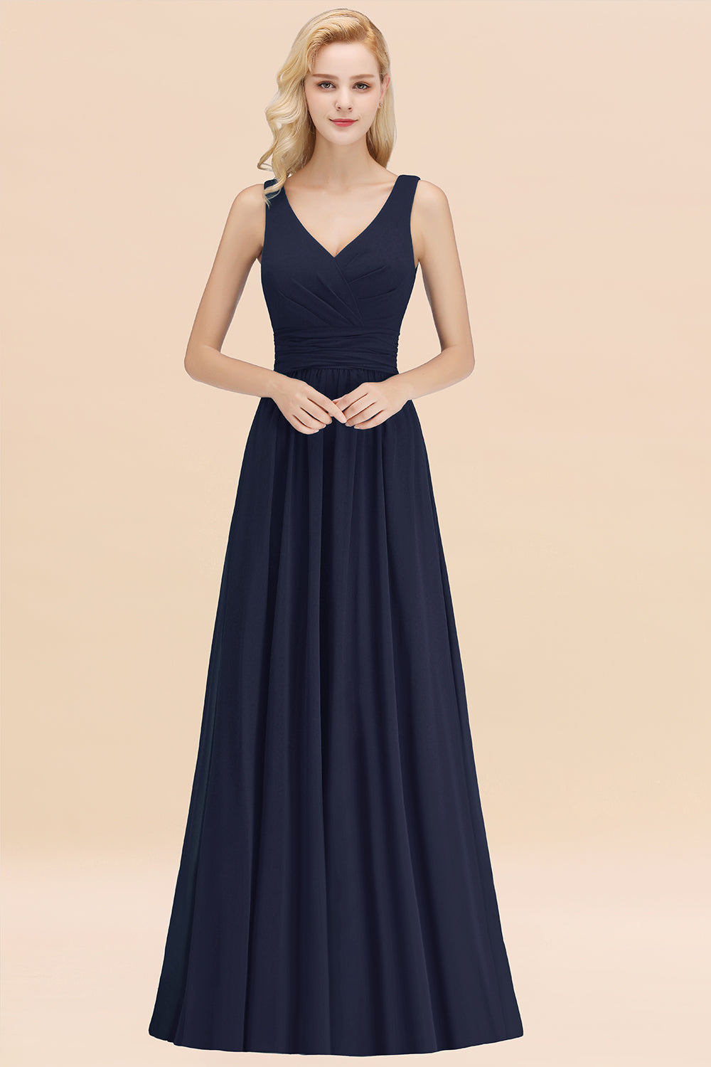 Modest Sleeveless V-Neck Long Chiffon Bridesmaid Dresses with Ruffle - Fashionpara