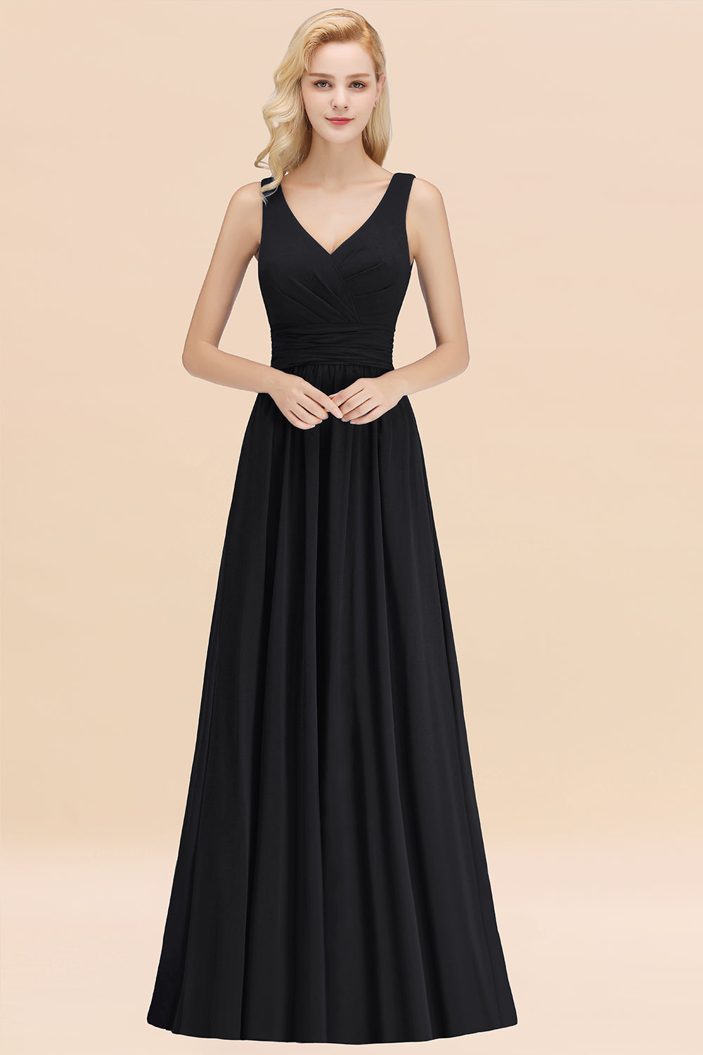 Modest Sleeveless V-Neck Long Chiffon Bridesmaid Dresses with Ruffle - Fashionpara