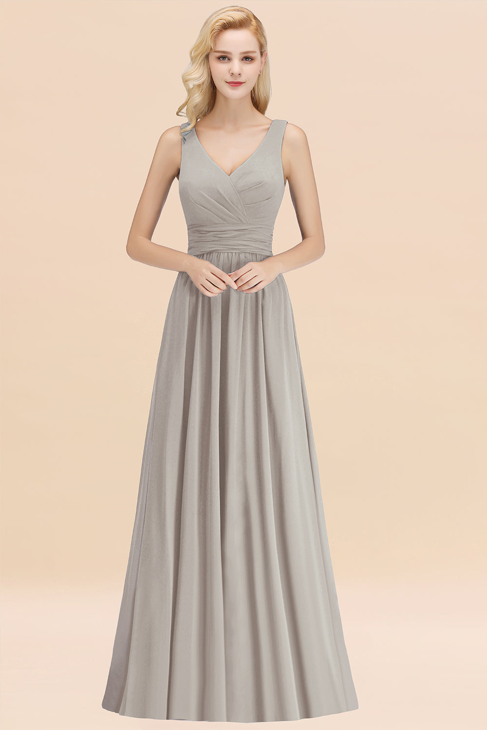 Modest Sleeveless V-Neck Long Chiffon Bridesmaid Dresses with Ruffle - Fashionpara